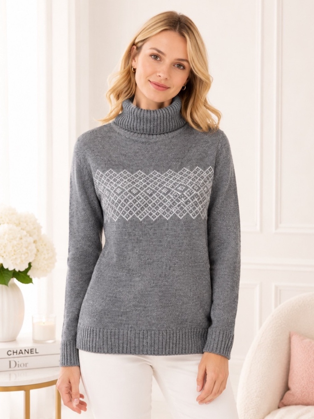 New York & Company Gray Fair Isle Turtleneck Sweater NWT Nordic Cozy M